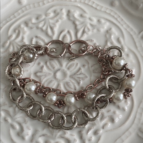 Pearl Silver Thick Chain Link Multi Strand Bracelet Bohemian Elegant Vintage - Picture 6 of 16